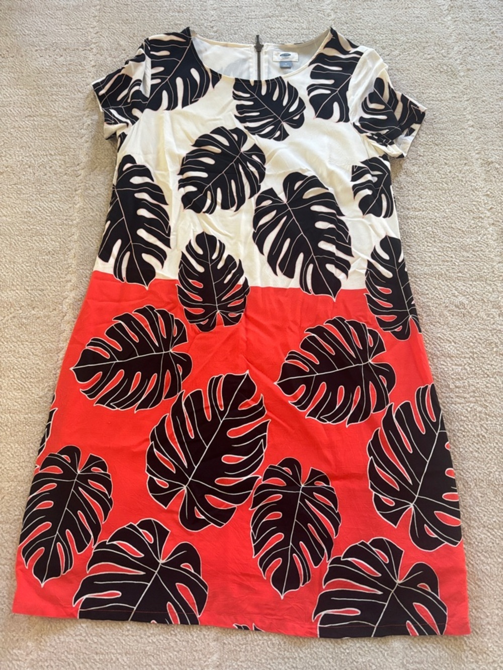 Tropical Leaf Colorblock Shift Dress - Black, White & Orange